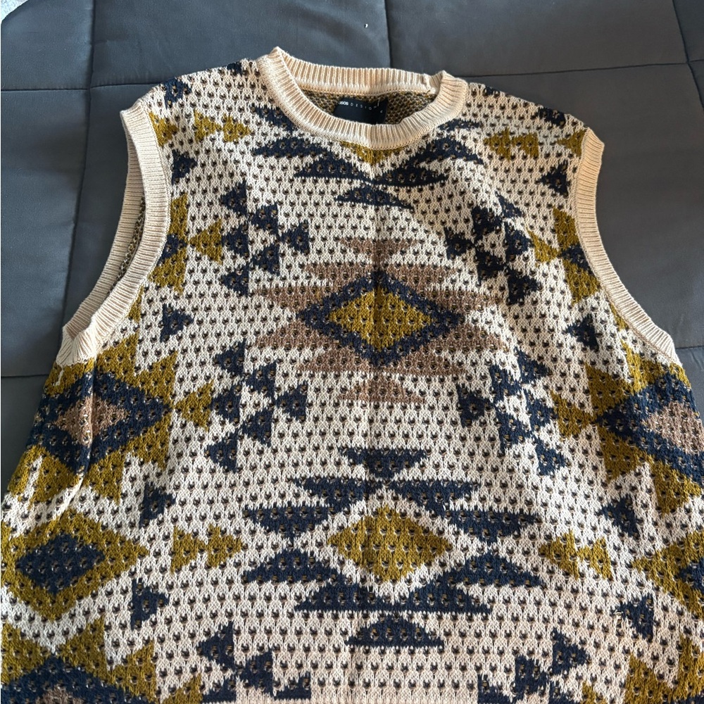 ASOS Men's Crewneck Sweater Vest in Cream, Navy, and Mustard